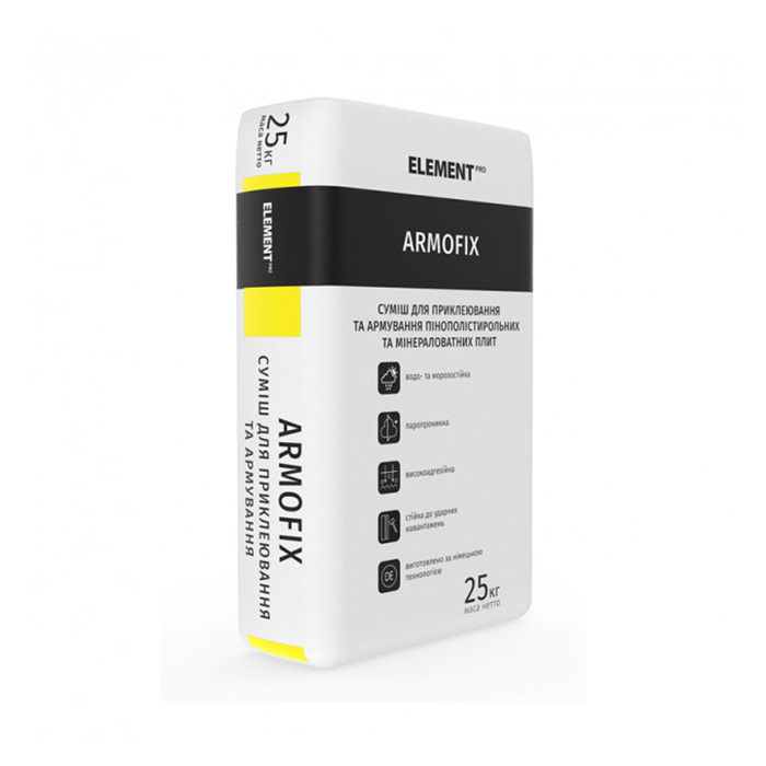 

Шпаклівка мінеральна ELEMENT PRO+FACADE SYSTEM ARMOFIX для приклеювання та армування теплоізоляційного матеріалу (25кг)