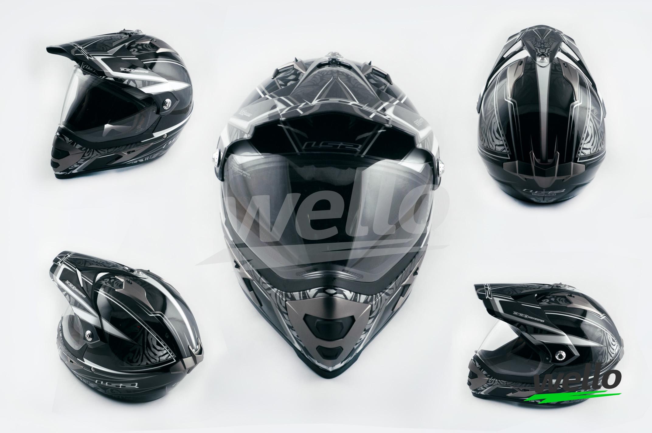 Шлем кроссовый (mod:MX433) (с визором, size:XXL, черно-серый с узором ...