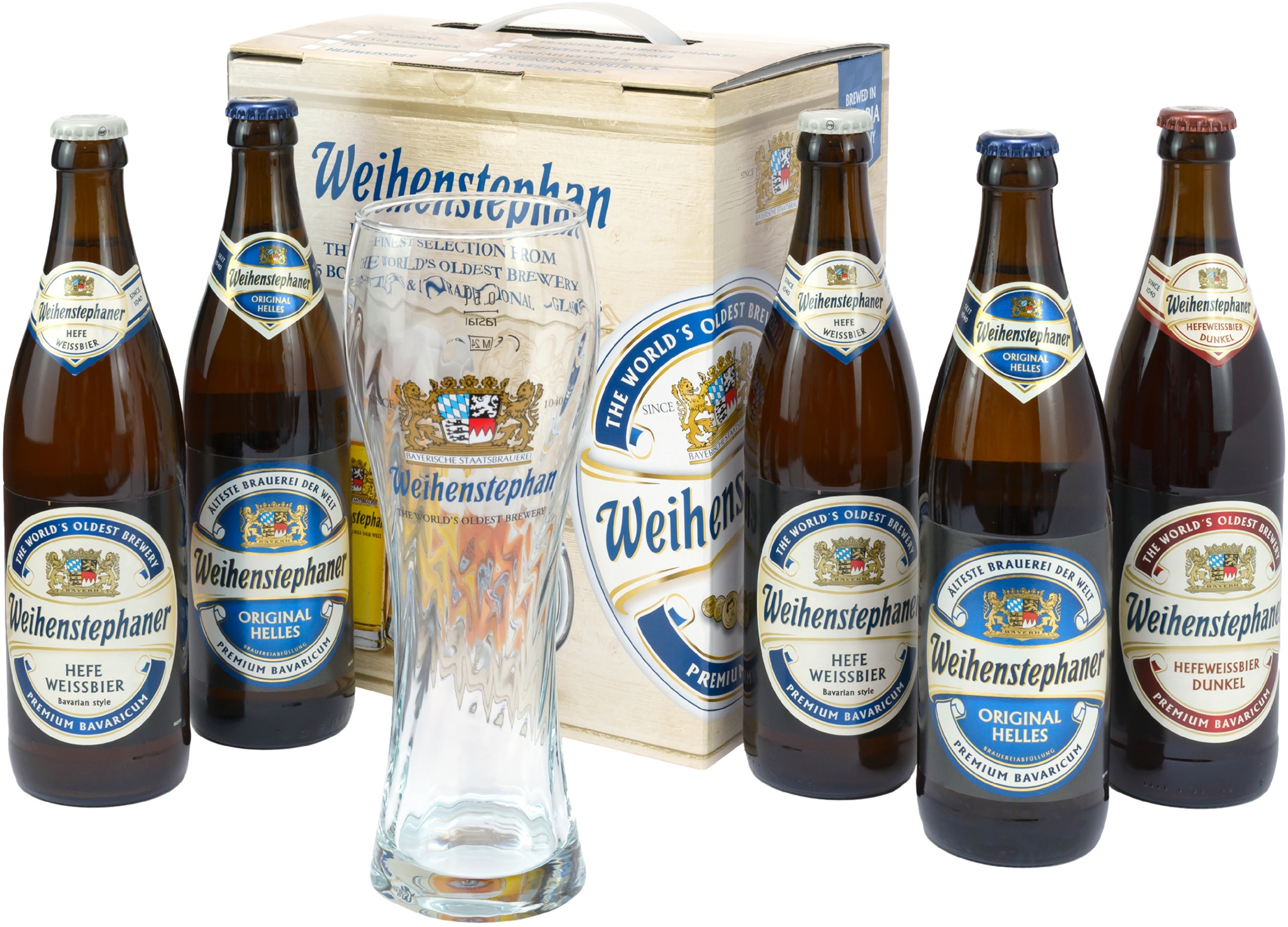 Набір пива Weihenstephaner (Original світле фільтроване 5.1% 0.5 л x 2 шт, Hefeweissbier біле нефільтроване 5.4% 0.5 л x 2 шт, Dunkel темне нефільтроване 5.3% 0.5 л x 1 шт) + келих 0.5 л (4105120005938)
