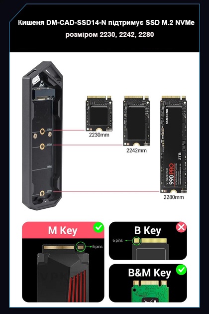 Зовнішня кишеня Dynamode для M.2 SSD NVMe (PCIe) - USB3.2 GEN2 Type-C, 10 Гбіт/с, металевий корпус, RGB-підсвітка Темно-сіра (DM-CAD-SSD14-N) — фото 7