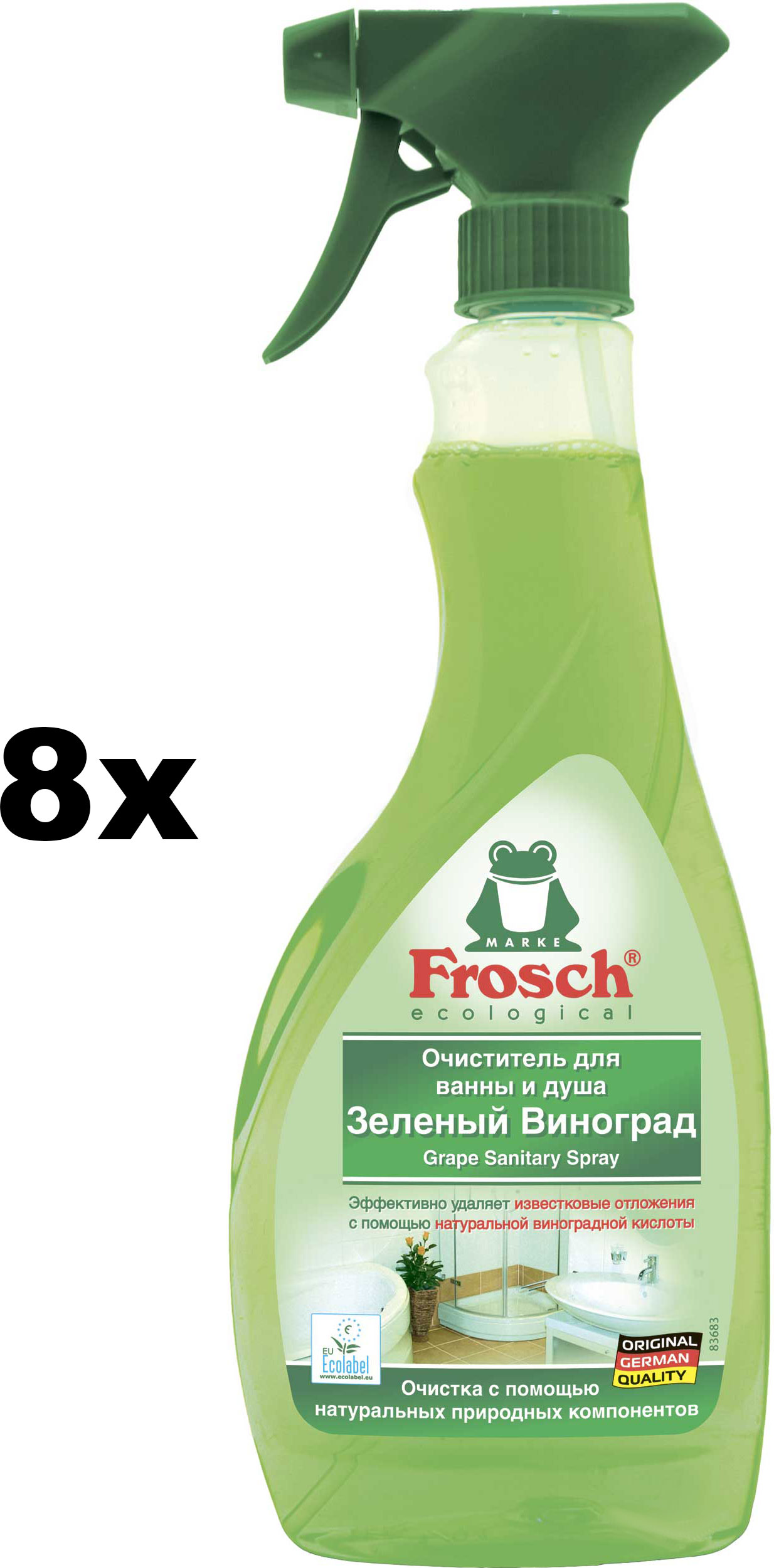 Акция на Упаковка очистителя для ванны и душа Frosch с виноградной кислотой 500 мл х 8 шт (4009175098511) от Rozetka UA