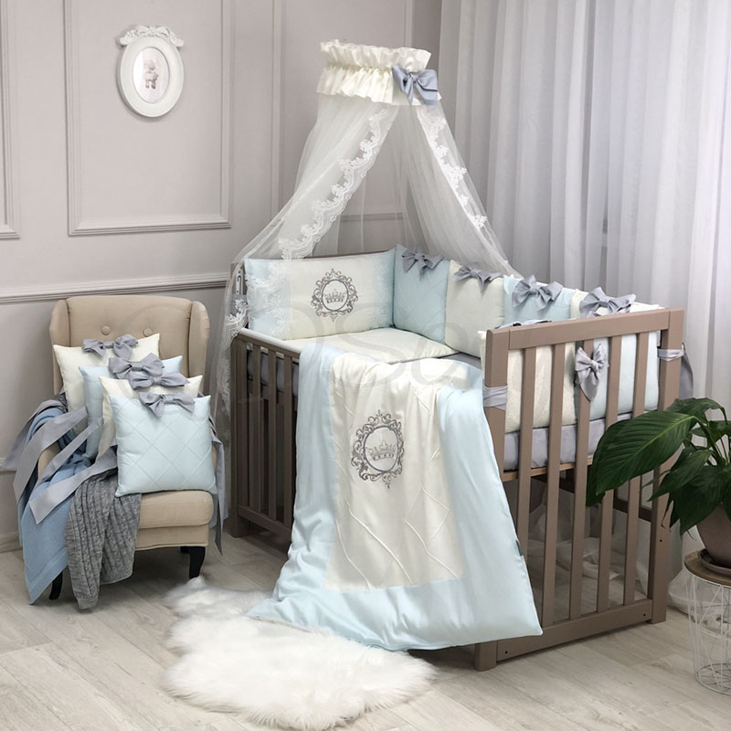 

Постельный комплект в детскую кроватку с балдахином (7 пр.) Elegance голубой