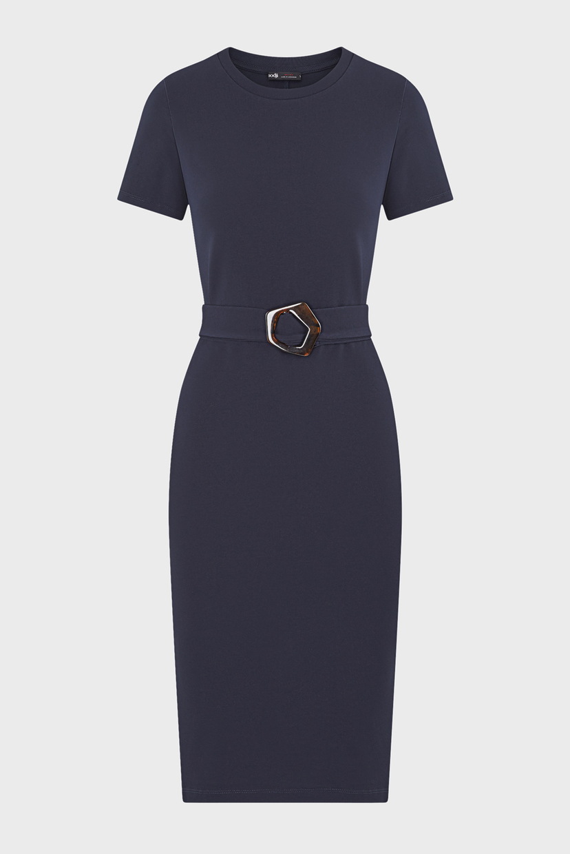 

Женское темно-синее платье-футболка с поясом Oodji  14011071/47420/7900N, Женское темно-синее платье-футболка с поясом Oodji XS 14011071/47420/7900N