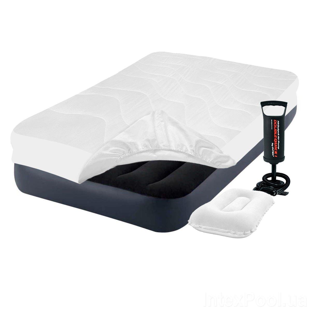 

Надувной матрас Intex 64141-3, 99 x 191 x 25 см, с наматрасником-чехом, подушкой и ручным насосом. Одноместный