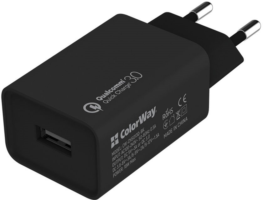 

Сетевое зарядное устройство ColorWay 1 USB Quick Charge 3.0 (18W) Black (CW-CHS013Q-BK)