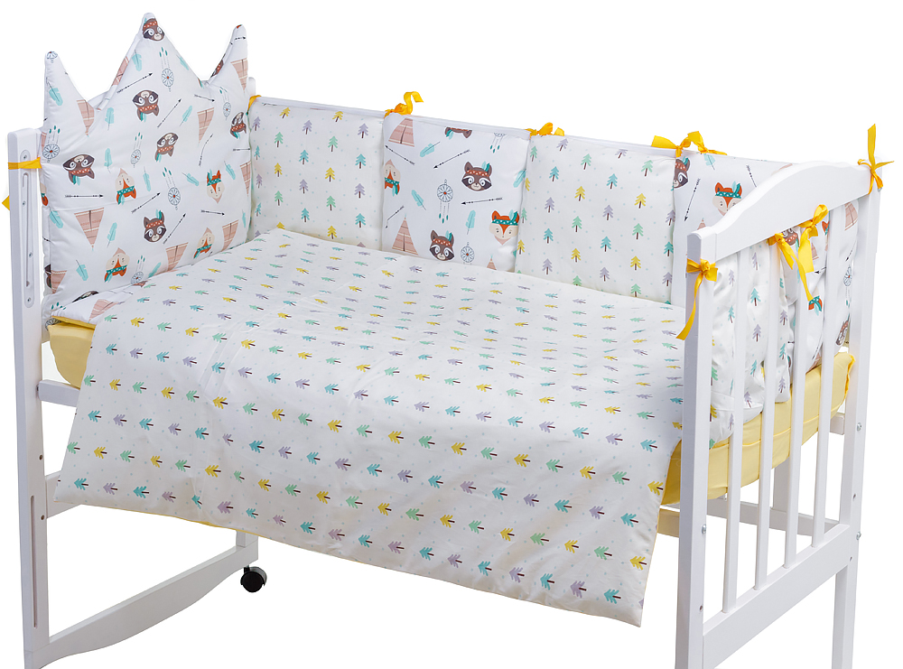 

Детская постель Babyroom Classic Bortiki-01 (6 элементов) желтый-белый (лиса, енот). 33391