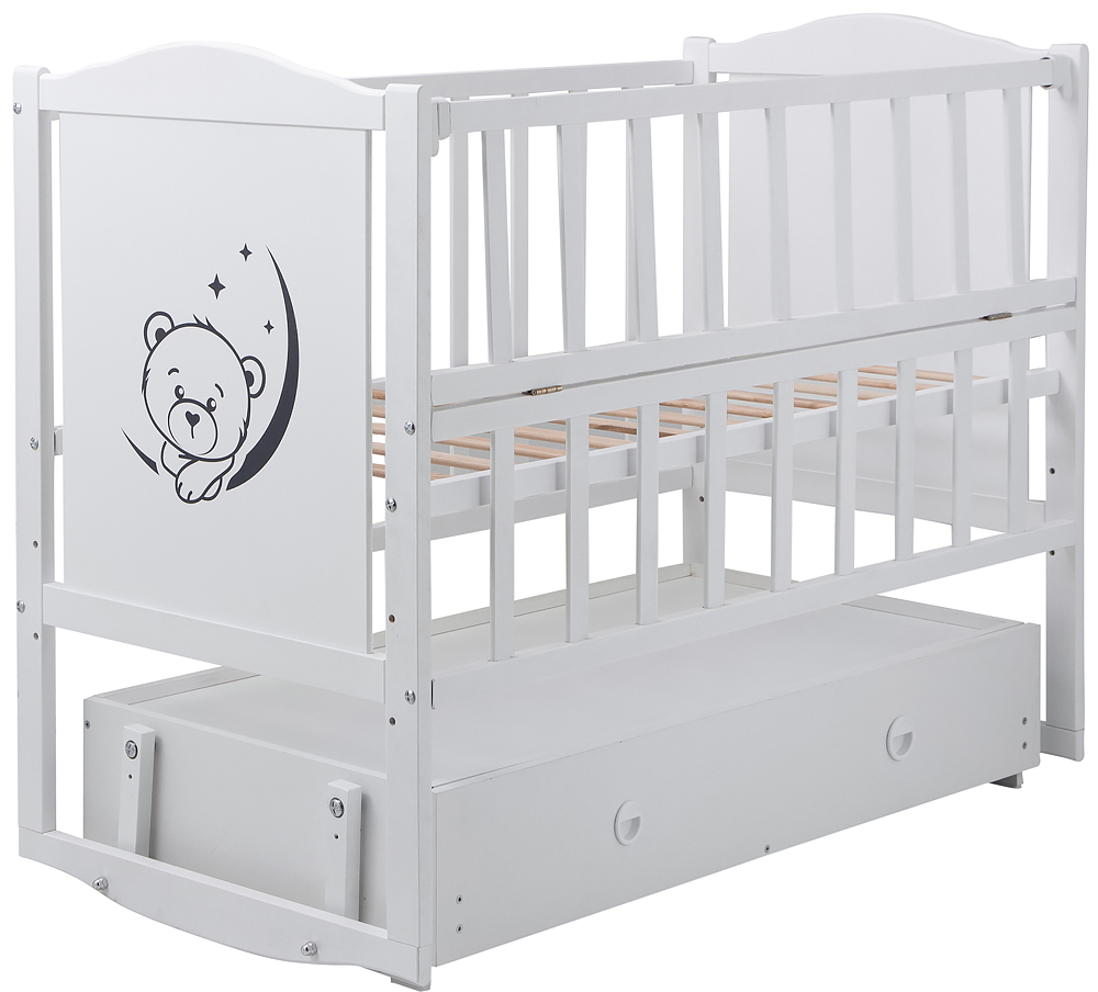 

Детская кровать Babyroom Тедди Т-03 фигурное быльце, маятник, ящик, откидной бок белый. 31011