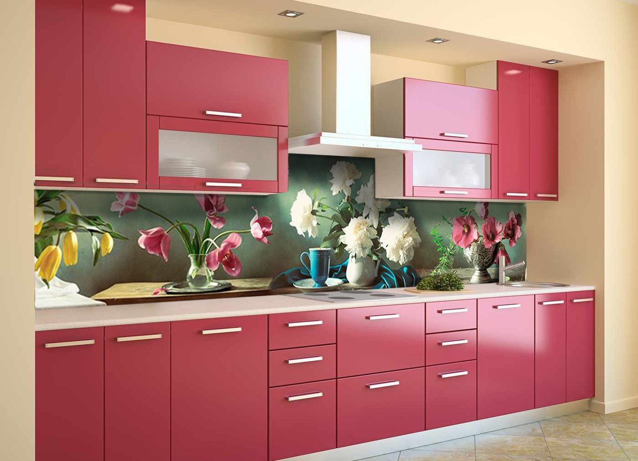 

Скинали на кухню Zatarga «Тюльпаны и Пионы» 650х2500 мм виниловая 3Д наклейка кухонный фартук самоклеящаяся Z180670/1