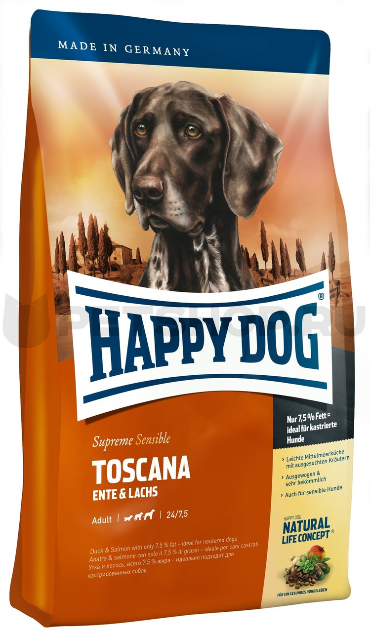 

Сухой корм Happy Dog Toscana Sensible для взрослых собак всех пород с низкими потребностями в энергии утка и лосось 4 кг