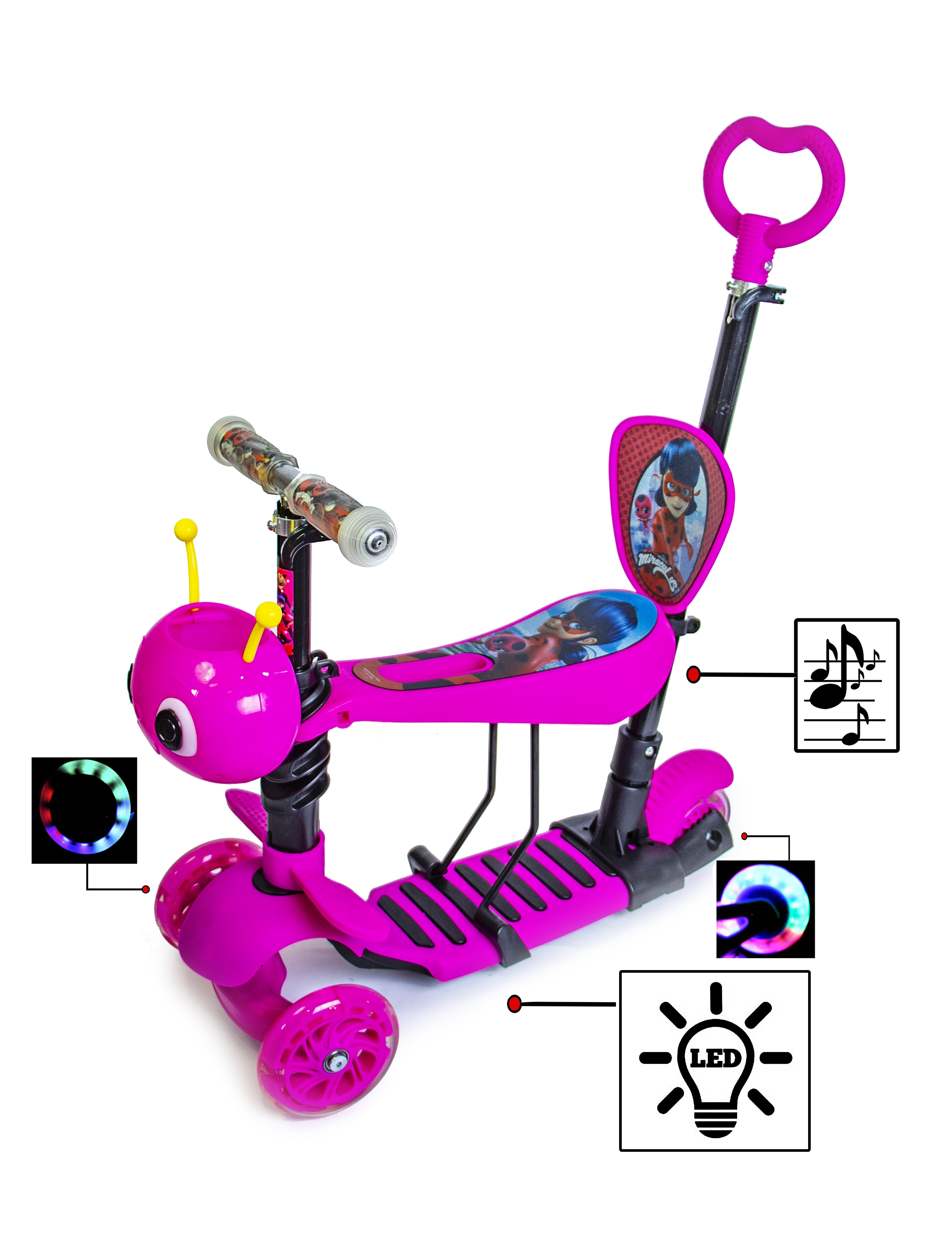 

Самокат Scooter "Пчелка" 5in1. Леди Баг. Pink (многофункциональный, со светом и музыкой)