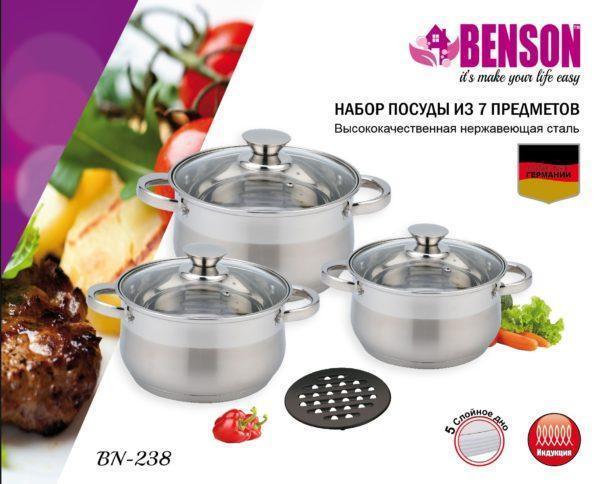 

Набор нержавеющих кастрюль. 9 предметов (2.1л; 3л; 4л; 6,5л) + подставка - Benson BN-239