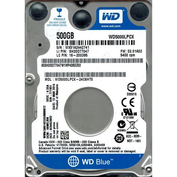 

HDD 2.5" SATA 500GB WD Blue 5400rpm 16MB (WD5000LPCX)