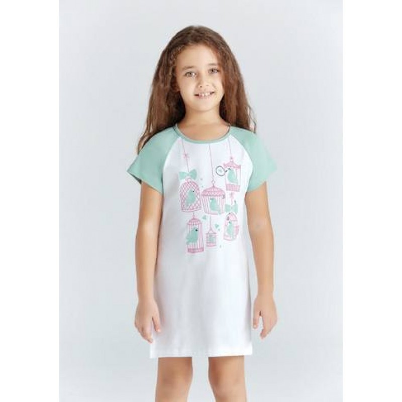 

Детская ночнушка Baykar ночная рубашка сорчка для девочки с птицами хлопок и эластан р 3 98 - 104 см белая с салатовым 9216-511