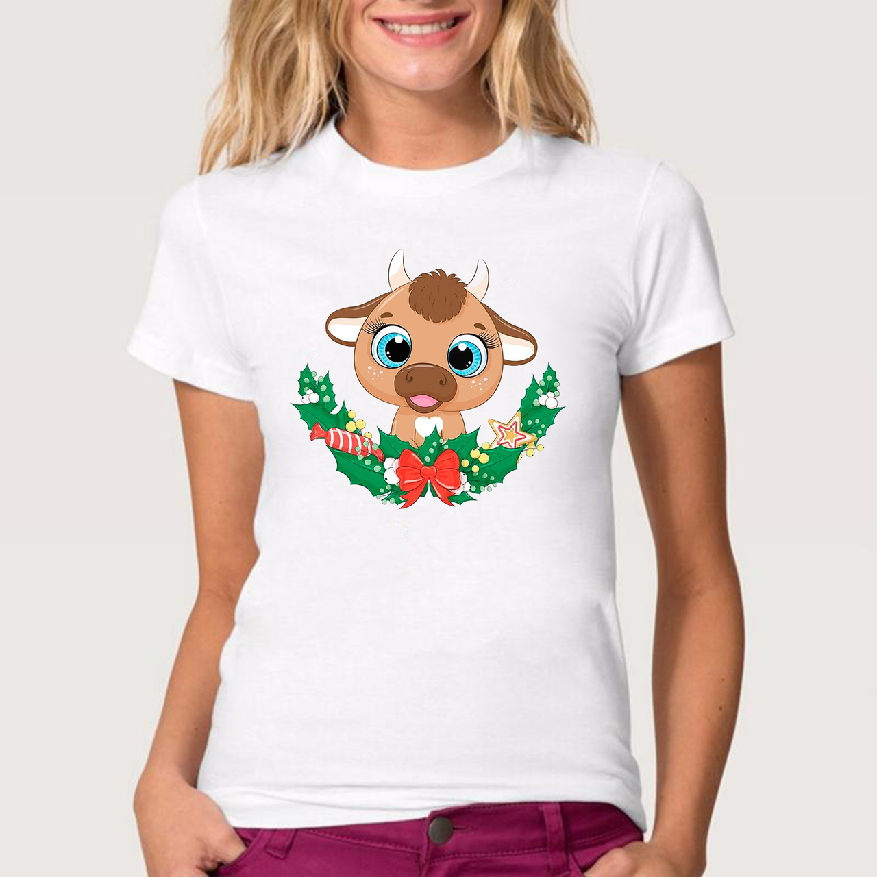 

Футболка женская JHK T-Shirt с принтом "Бычек с веточкой" L белая