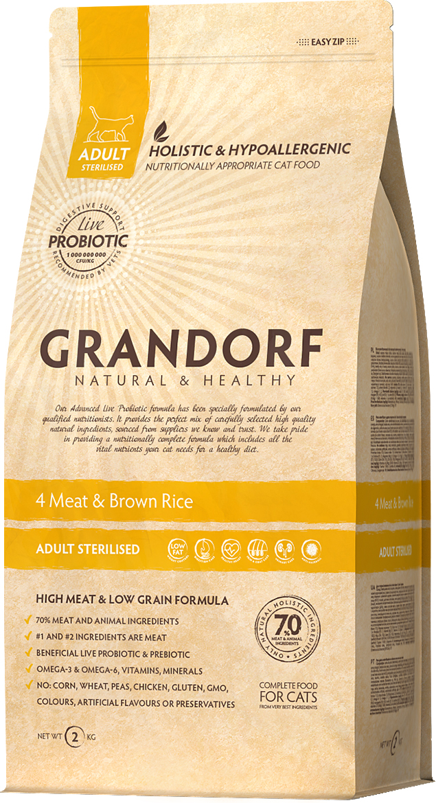 

Сухой корм для кошек Grandorf Living Probiotics 4 Meat & Brown Rice Adult Sterilized 4 вида мяса с бурым рисом и пробиотиками 2 кг