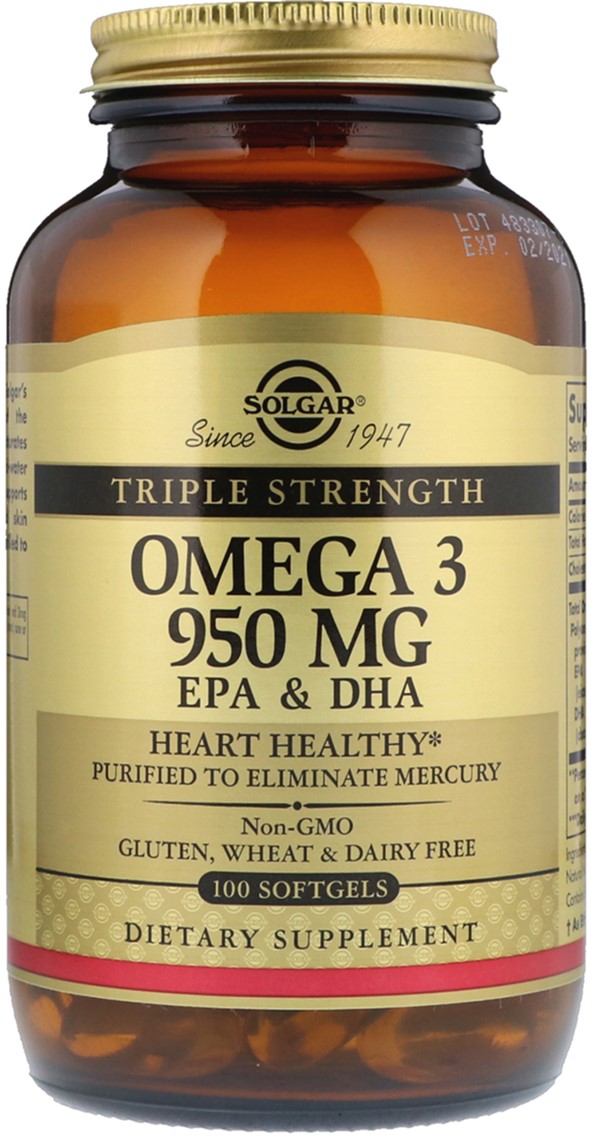 Жирные кислоты Solgar Omega-3 EPA, DHA Тройная Сила 950 мг 100 капсул ...