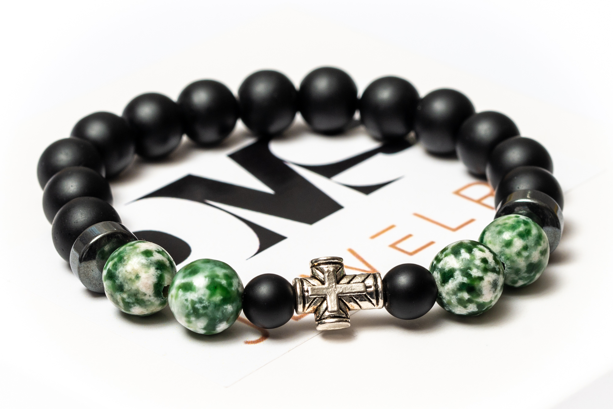 

Браслет мужской DMS Jewelry из шунгита, гематита, агата GREEN AGATE CROSS