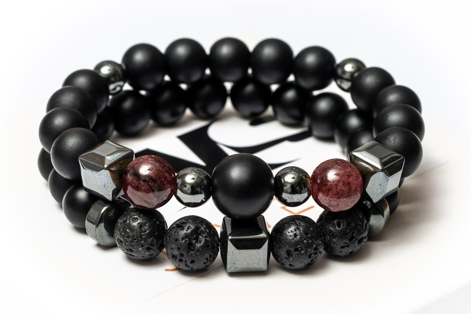 

Парные браслеты мужские DMS Jewelry из шунгита, лавового камня, граната BIG STONE & RED