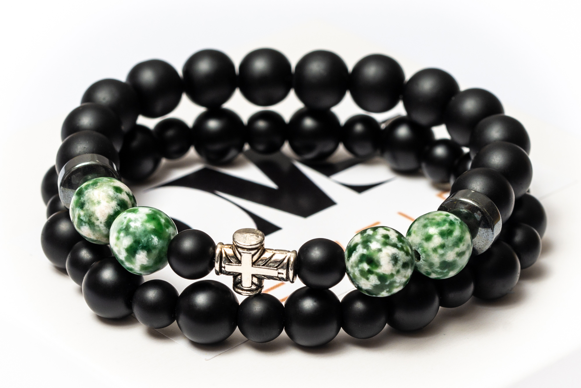 

Парные браслеты мужские DMS Jewelry из шунгита, гематита, агата GREEN AGATE CROSS