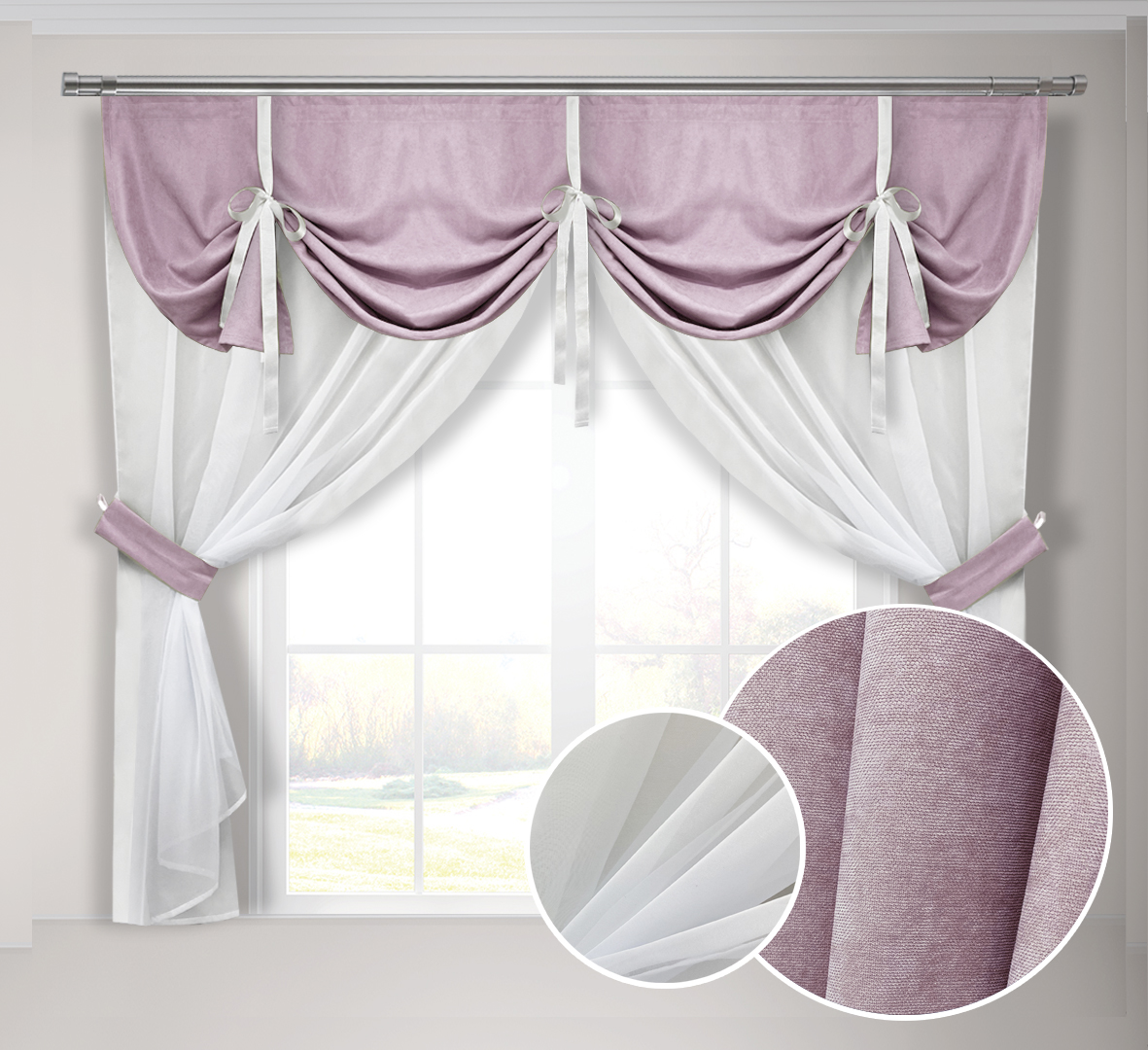 

Кухонная занавеска светло-розовая Adagio Windows Decor с ламбрекеном в размере 2х1,7м