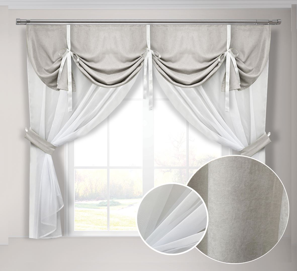 

Кухонная занавеска светло-серая Adagio Windows Decor с ламбрекеном в размере 2х1,7м