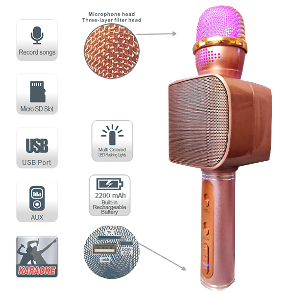 

Беспроводной микрофон для караоке с разноцветной светодиодной подсветкой и функцией записи голоса SU-YOSD YS-68 колонка с двумя динамиками 6 Вт совместим с iOS и Android батарея емкостью 2200mAh Bluetooth microUSB AUX TF Розовое золото (725572-S1)