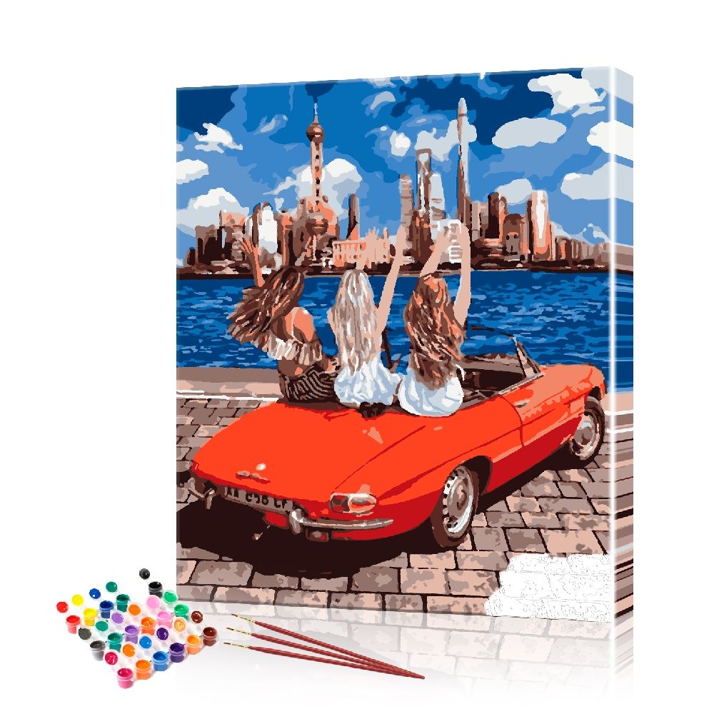 

Картина по номерам ArtSale "Три подруги в красном авто" PBN0951 размер 40х50 см