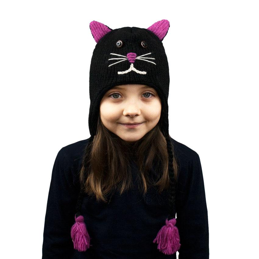 

Шапка с ушками детская Animals Чёрный кот Black cat Kathmandu Ручная работа 100% шерсть яка 44-46 смЧёрный
