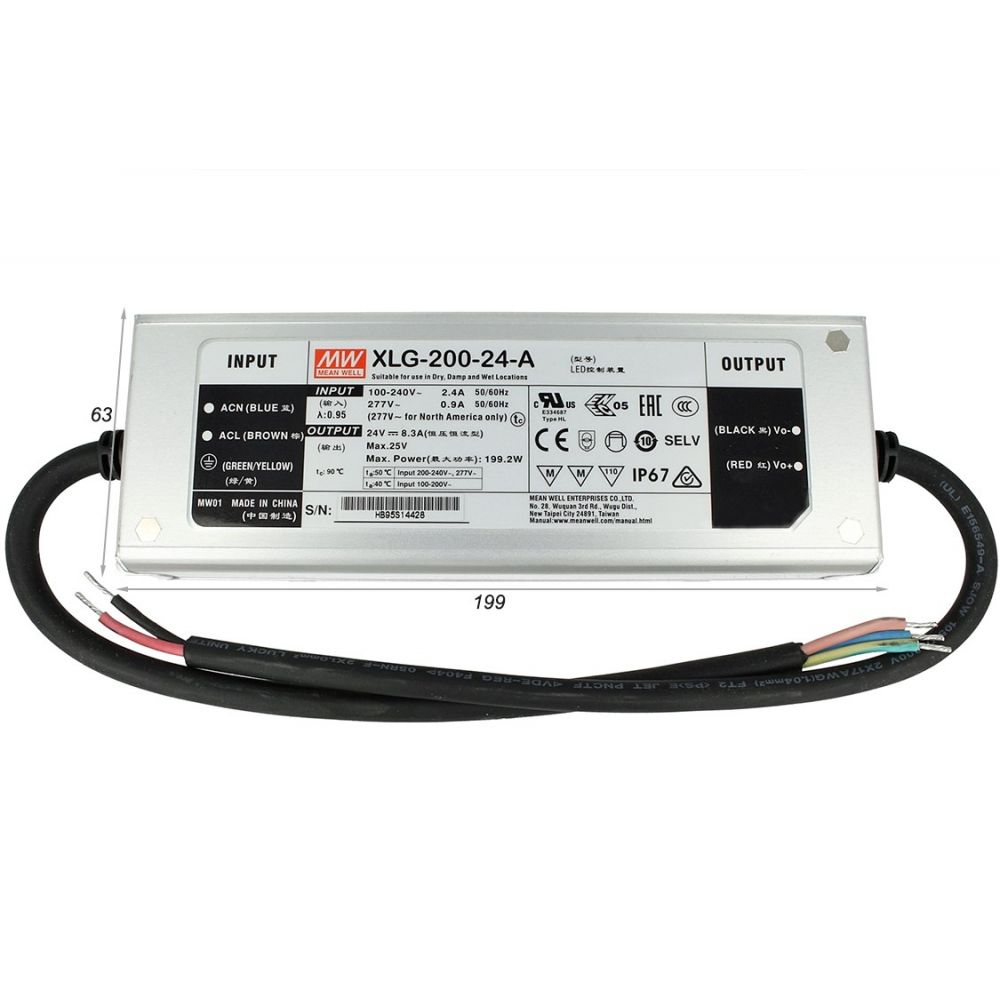 

Блок питания для светодиодной ленты Mean well 24В 200Вт IP67 XLG-200-24