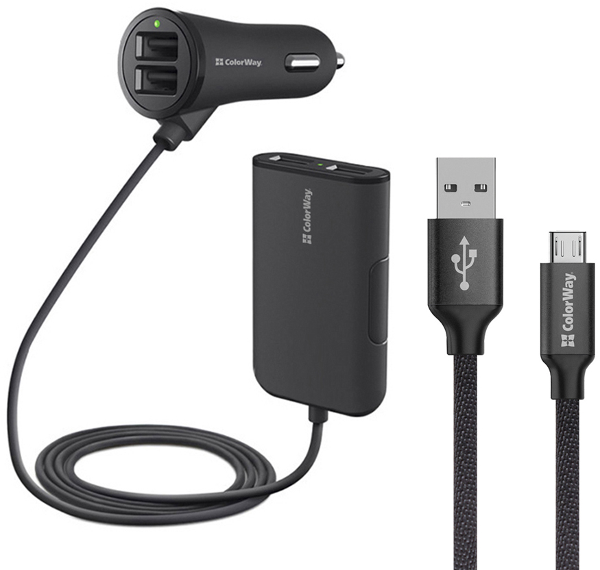 

Автомобильное зарядное устройство ColorWay 4 USB 4.8 А c удлинителем 1.5 м и кабелем MicroUSB 2.1 A 1 м (CW-CASC008)