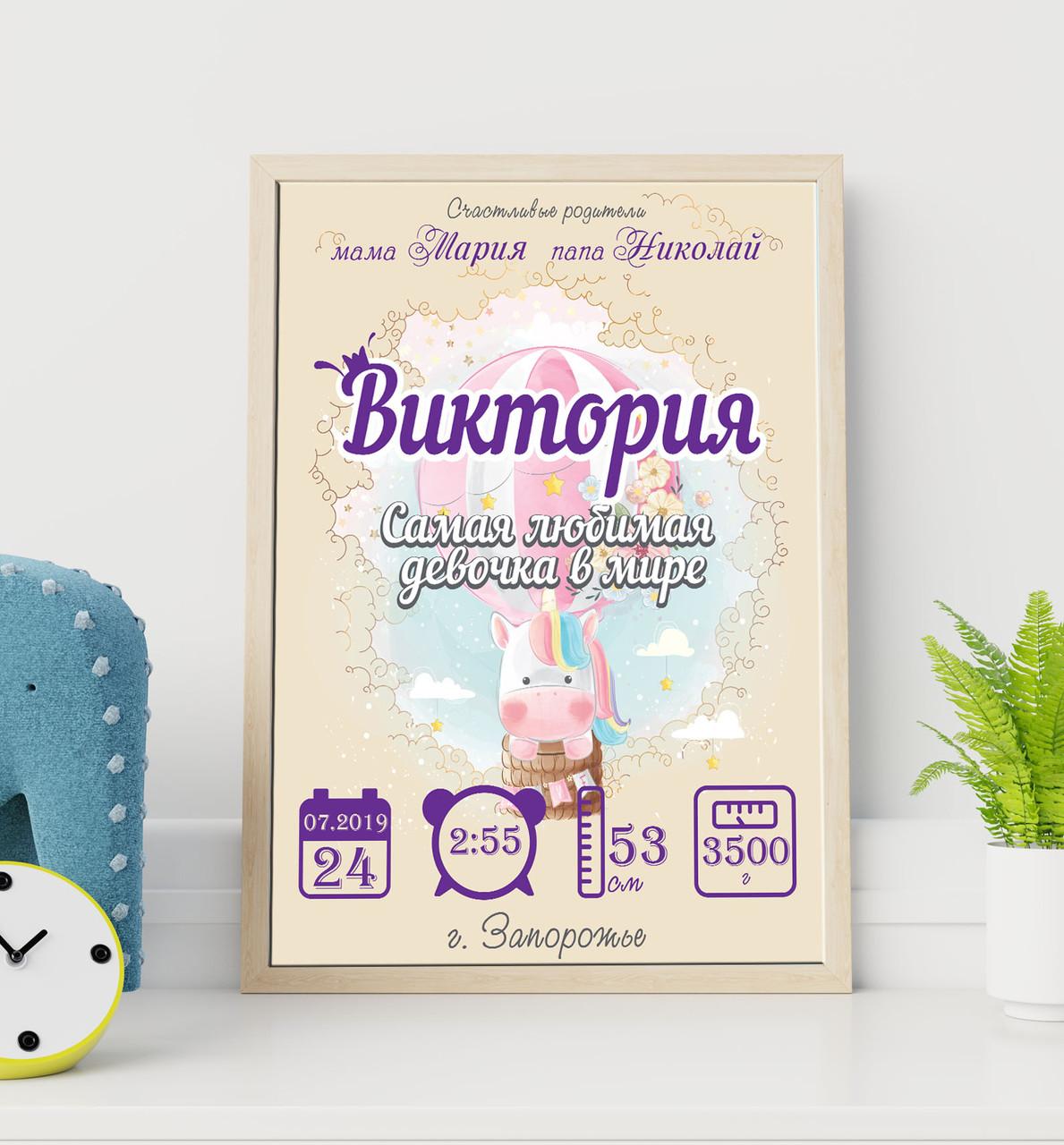 

Постер детский метрика для девочки Единорог формат А3 NEHILO