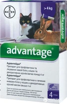 Капли Elanco (Bayer) Advantage (Адвантейдж) 80 от заражений блохами для котов и кроликов свыше 4 кг 4 пипетки (4007221027492/4007221046394)