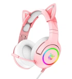 Игровые наушники с кошачьими ушками Onikuma K9 c LED-подсветкой и микрофоном Проводные наушники для стриминга Розовый