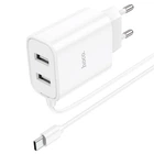 Мережевий зарядний пристрій Hoco C103A, 2 USB, білий, з кабелем Type-C