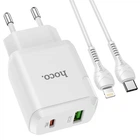 Адаптер сетевой Hoco Type-C to Lightning Cable Favor dual port N5 |1USB/1Type-C, PD20W/QC3.0, 3A| (Safety Certified) белый