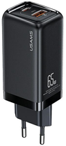 Мережевий зарядний пристрій Usams US-CC153 T47 USB-C+USB 65W PD Fast Charging Super Si Black (6958444976877) - зображення 1