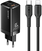 Мережевий зарядний пристрій Usams T33 2xUSB-C+USB 65W GaN PD Fast Charging Black + кабель USB-C - Lightning 30W Black (6958444927374) - зображення 1