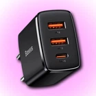 Мережевий зарядний пристрій Baseus 2USB Type-C 3A QC3.0 PD3.0 потрійний адаптер 30W з швидкою зарядкою, Чорний