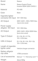 Inwerter samochodowy Baseus Super Si Inverter 500 W 220 B CN / EU Black (CGNB000101) - obraz 14