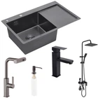 Мойка Kroner 7849LHM левая + кран с выдвижным изливом Kroner + душевая система Agua + кран для раковины