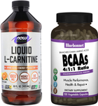 Набор Жиросжигатель NOW Foods Carnitine Liquid 1000 мг - 473 мл Citrus + Аминокислота Bluebonnet Nutrition BCAAs 4:1:1 Ratio (Разветвленные Цепи Аминокислот) 120 гелевых капсул