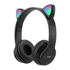 Детские беспроводные наушники светящиеся ушки кошки P47 Bluetooth 5.0 с микрофоном, черные