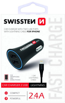 Ładowarka samochodowa Swissten CL 2 x USB-A 12W Quick Charge 2.4 + kabel Lightning 1.2 m Black (20110910) - obraz 5