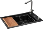 Кухонная мойка GRANADO Optimal Estella 5-в-1 Black Shine со смесителем, дозатором для моющего, метал.корзиной и кухонной доской