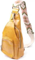 Женская сумка слинг через плечо из экокожи вертикальная для города с карманами и текстильным ремнем желтая 62473