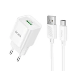 Мережевий зарядний пристрій Hoco C145A 18W/3A USB зі швидкою зарядкою QC3.0 + кабель Type-C White