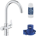 Смеситель кухонный с подключением к фильтру GROHE Blue Pure StartCurve 30592000 + головка для подключения фильтра Blue 64508001 + фильтр Blue S-Size BWT 40404001 (30594040)