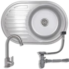 Кухонная мойка Brinex 7750, врезная, овальная, с крылом, из нержавеющей стали, сатин, с однорычажным смесителем и сифоном