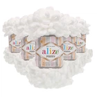 Упаковка Alize Puffy, Белый №55, 5 шт - плюшевая пряжа с петлями 100г/9м, для вязания руками, пледы и игрушки, упаковка 5 мотков Ализе Пуффи