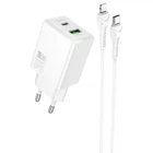 Мережевий зарядний пристрій HOCO N71 Nuevo PD30W+QC3.0 (1USB-A/1C) + кабель Type-C to Lightning (White) (243379)